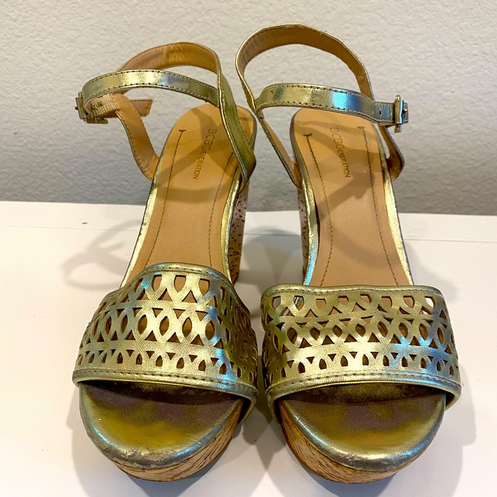BCBGeneration Pippi Gold Strap Platform Cork Wedge